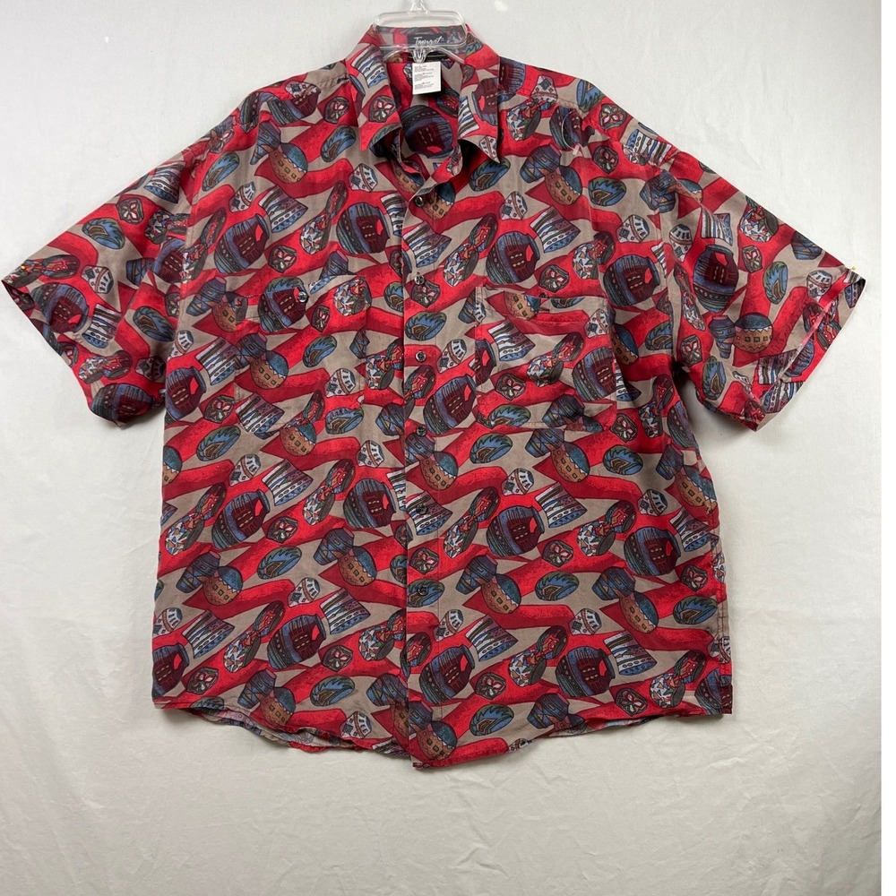 Vintage Impact Button Front Shirt Men Large Red Abstract Geometric 100% Silk